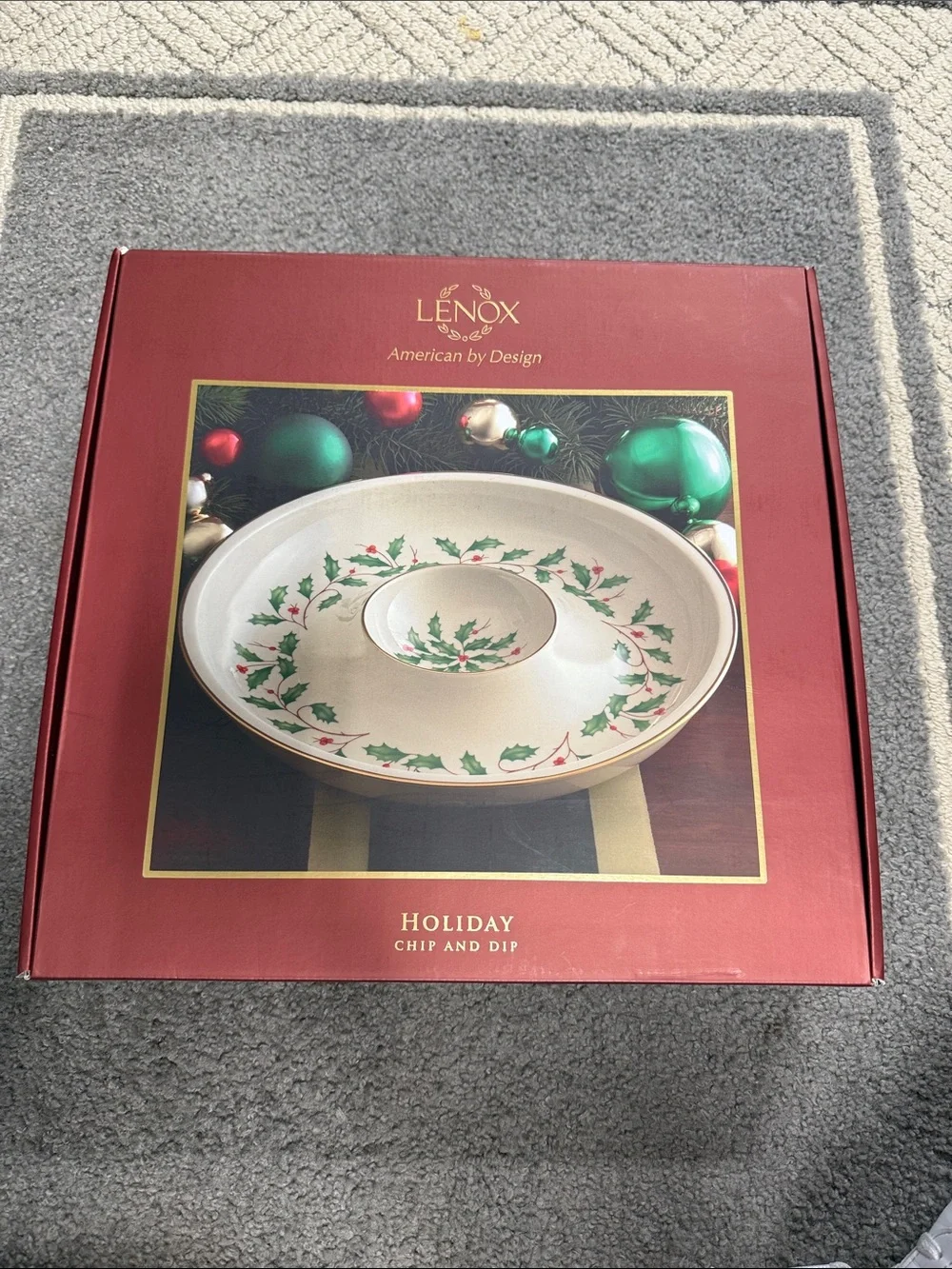 Lenox Holiday Chip and Dip Platter in Cream, Green and Red with Gold Trim